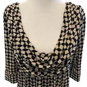 Suzi Chin geometric midi dress, quarter sleeves, cowl neck w/ drapes size 8